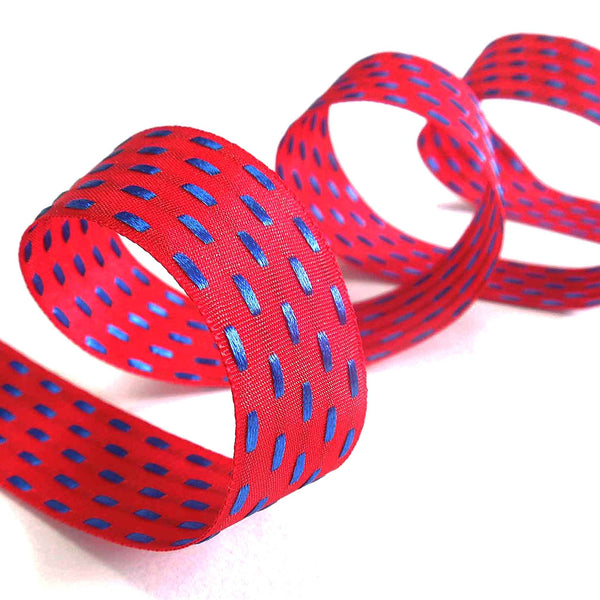 25mm Parallel Stitch Ribbon - Scarlet and Royal - Berisfords