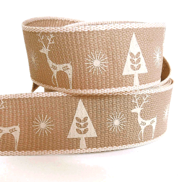 Christmas Scandi Chic Reindeer Ribbon - Cream - Berisfords - 15mm - 25mm