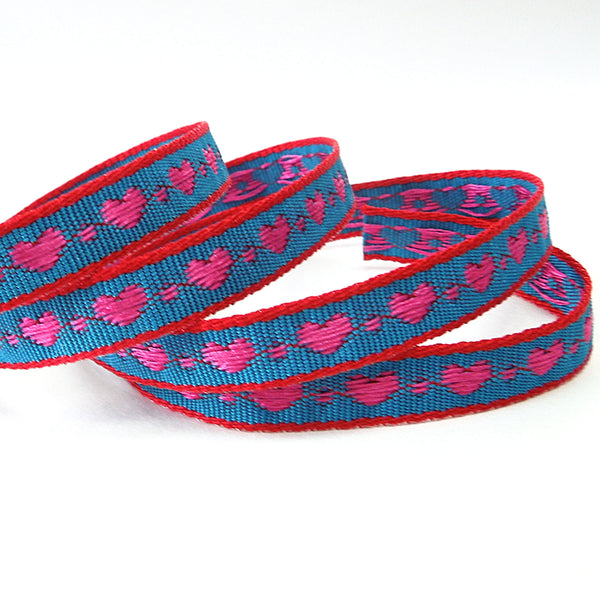 10mm Little Hearts Woven Ribbon - Red and Blue with Fuchsia Hearts - Berisfords