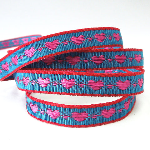 10mm Little Hearts Woven Ribbon - Red and Blue with Fuchsia Hearts - Berisfords