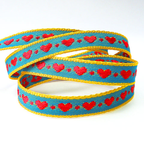 10mm Little Hearts Woven Ribbon - Yellow and Blue with Red Hearts - Berisfords