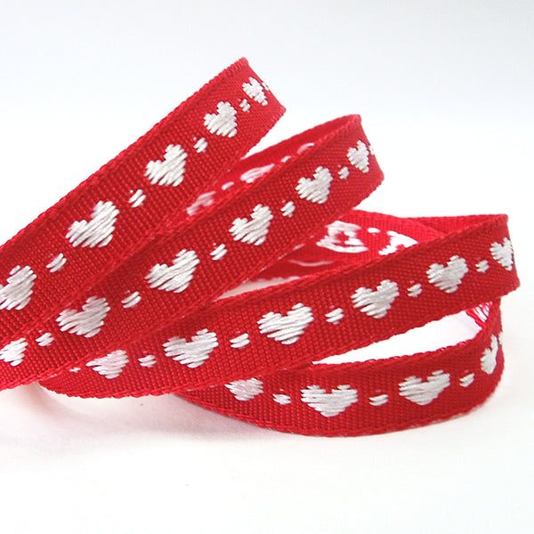 10mm Little Hearts Woven Ribbon - Red with White Hearts - Berisfords