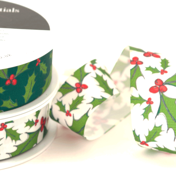 25mm Christmas Holly Berry Ribbon - White - Berisfords