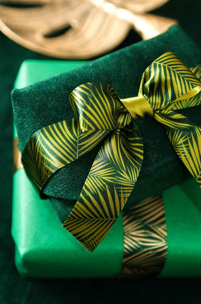 25mm Palm Leaf Ribbon - Honey Gold and Emerald Green - Berisfords