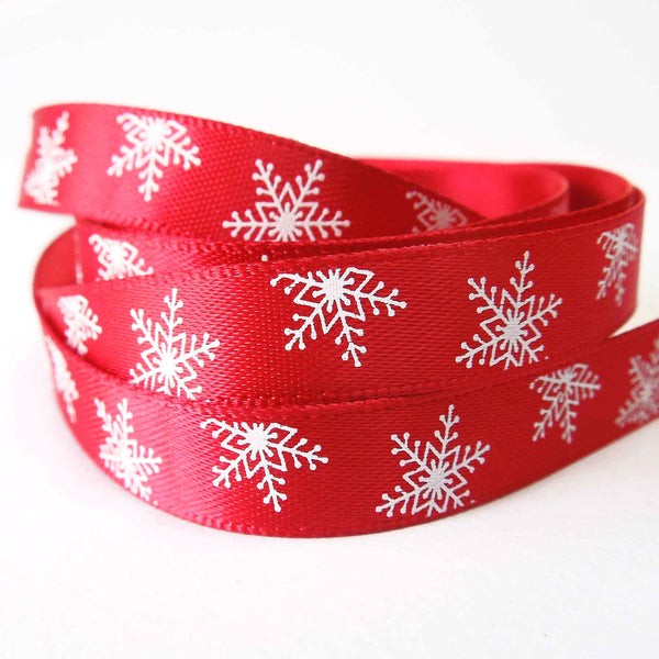 10mm Red Large Christmas Snowflake Satin Ribbon - 3 metres