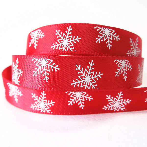 10mm Red Large Christmas Snowflake Satin Ribbon - 3 metres