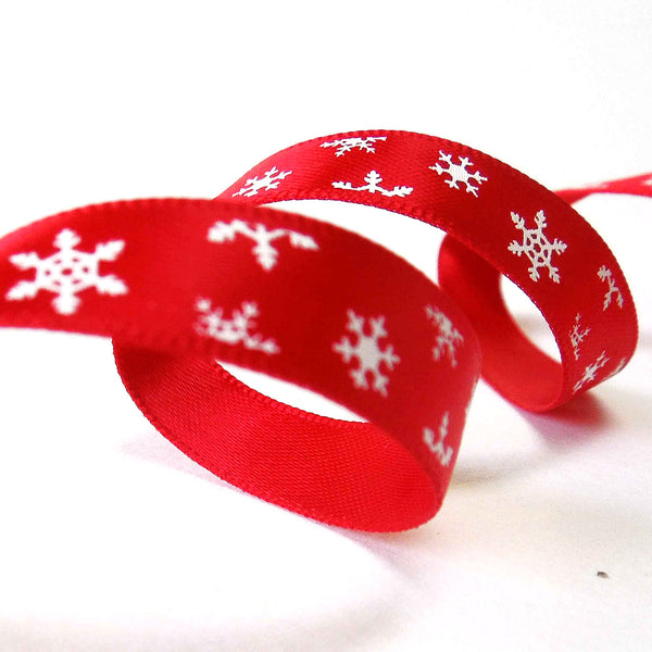 10mm Red Small Christmas Snowflake Satin Ribbon - 3 metres