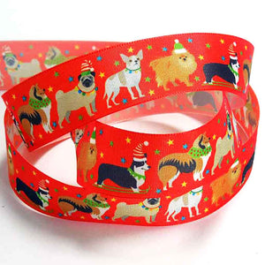 25mm Red Festive Dogs Ribbon by Berisfords
