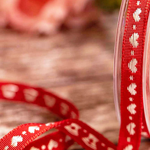 10mm Little Hearts Woven Ribbon - Red with White Hearts - Berisfords