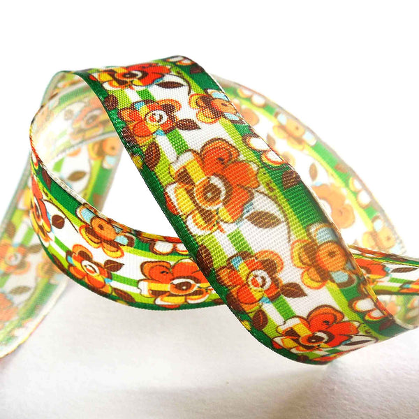 15mm Green and Orange Floral Taffeta Wired Ribbon