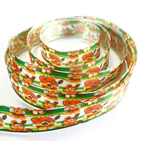 15mm Green and Orange Floral Taffeta Wired Ribbon