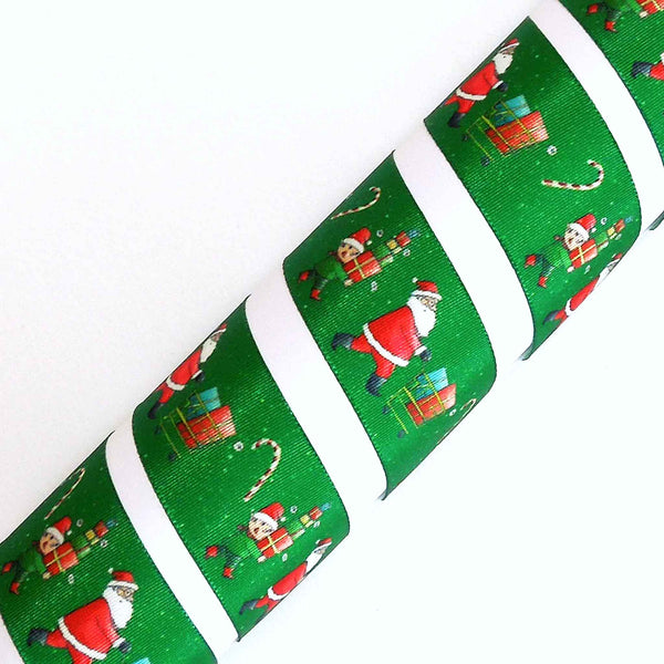 25mm Santa's Gifts Green Satin Ribbon - Berisfords