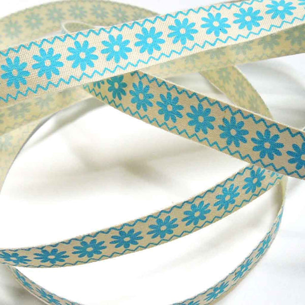 15mm Zigzag Flowers Blue Cotton Ribbon