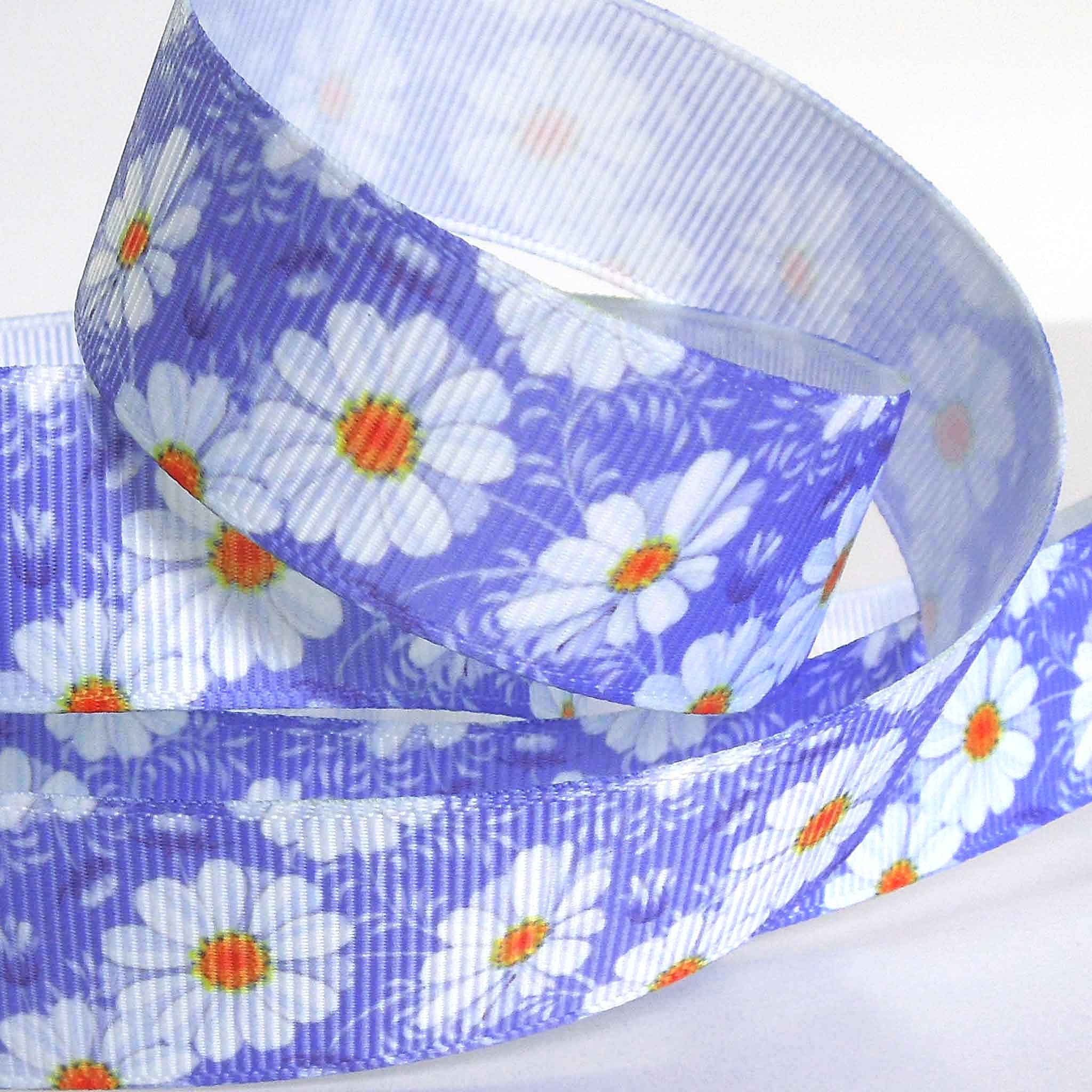 22mm White Daisies on Lilac Ribbon - Grosgrain
