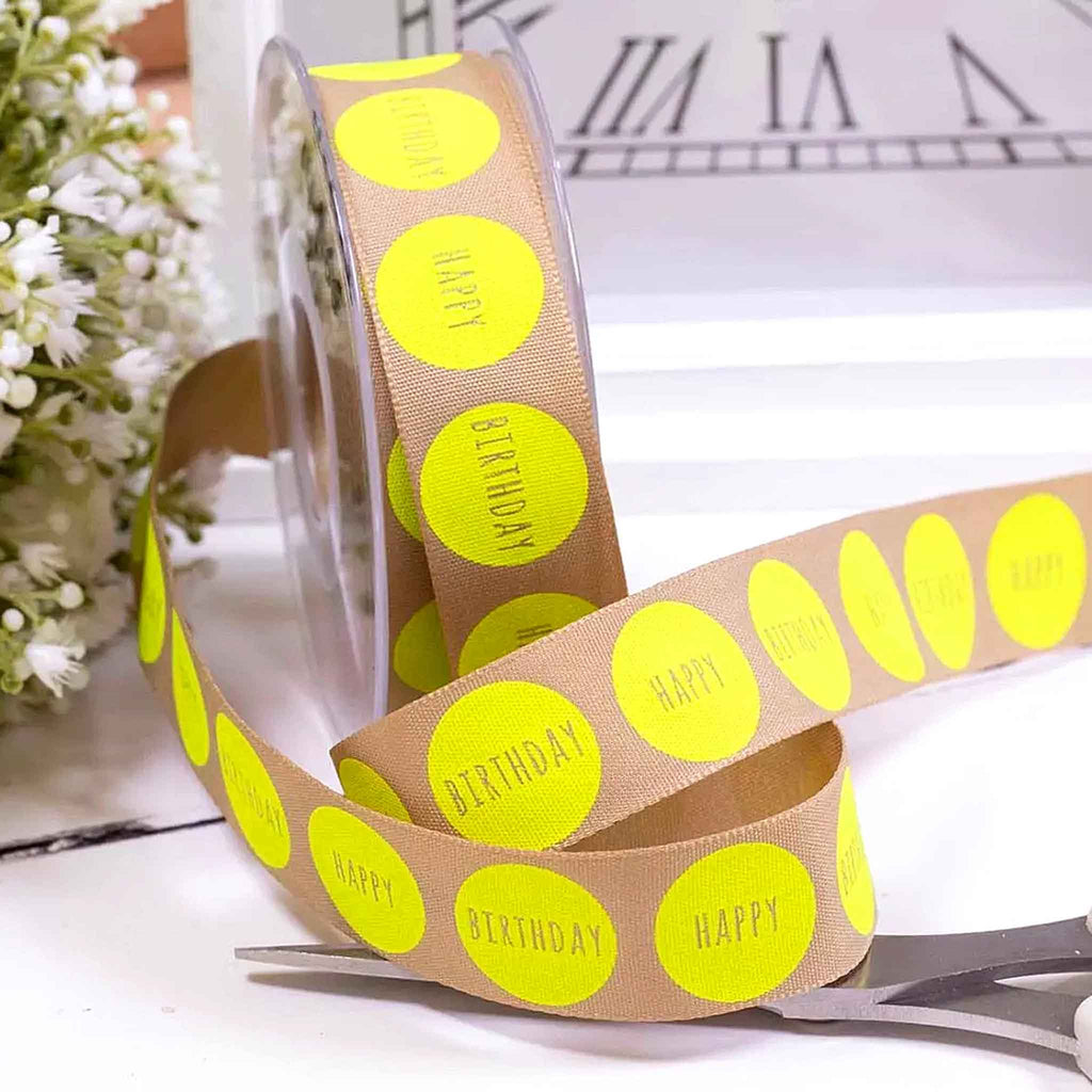 25mm Big Dot Birthday Ribbon - Flo Yellow and Natural - Berisfords ...