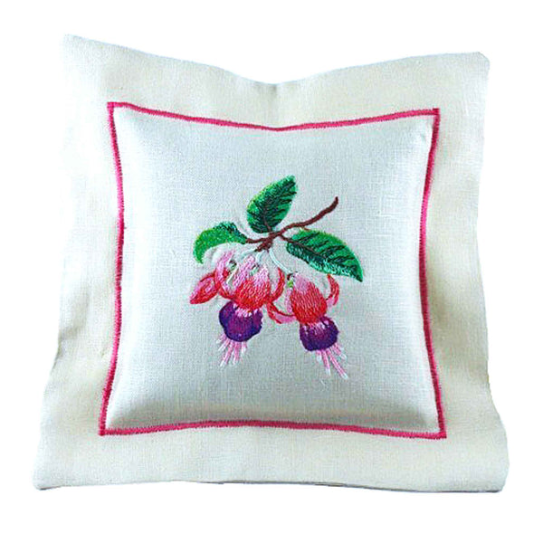 Linen Fuchsia Embroidered Lavender Pillow - Handmade in Natural Linen