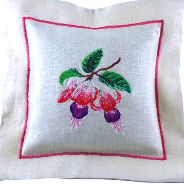 Linen Fuchsia Embroidered Lavender Pillow - Handmade in Natural Linen