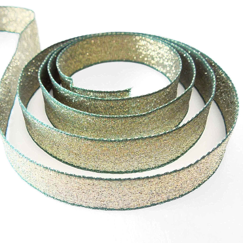 Hazel Ribbon 15mm Razzel Ribbon - Green and Gold - Berisfords – Fabric and Ribbon