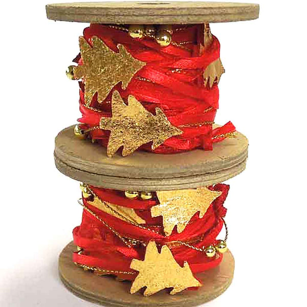 25mm Red and Gold Christmas Tree Organza & Wood Trim on Wooden Spool