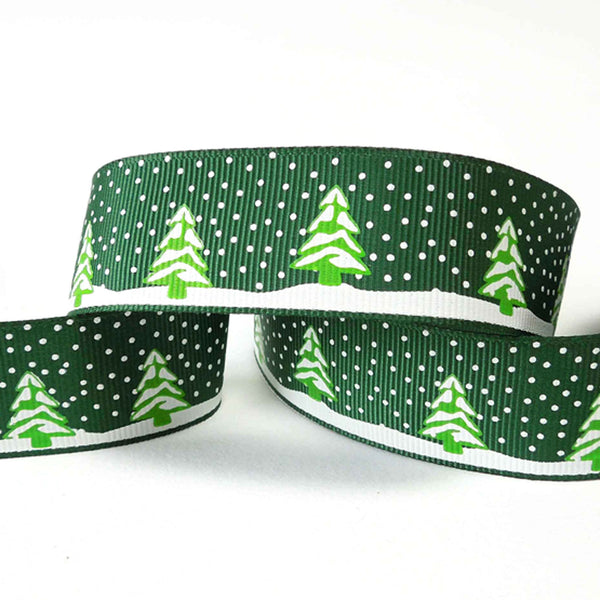 Green Christmas Tree and Snow Grosgrain Ribbon - 15mm - 25mm