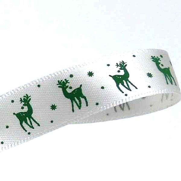 15 mm Christmas Green Reindeer Satin Ribbon