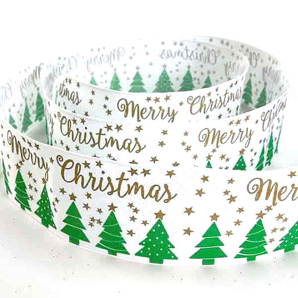 50 mm Merry Christmas Green Trees and Stars Ribbon