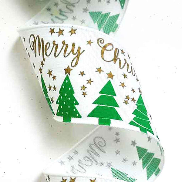 50 mm Merry Christmas Green Trees and Stars Ribbon