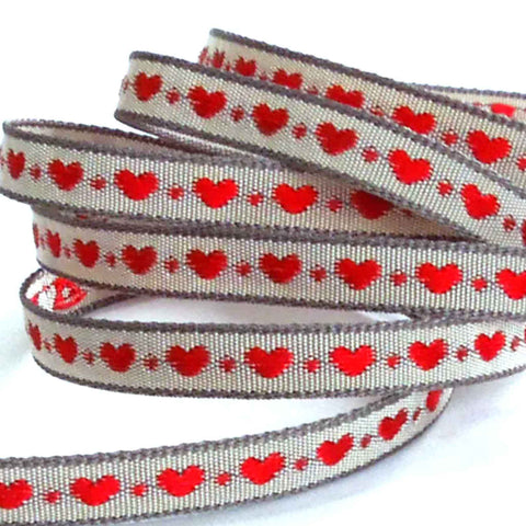 10mm Little Hearts Woven Ribbon - Grey with Red Hearts - Berisfords