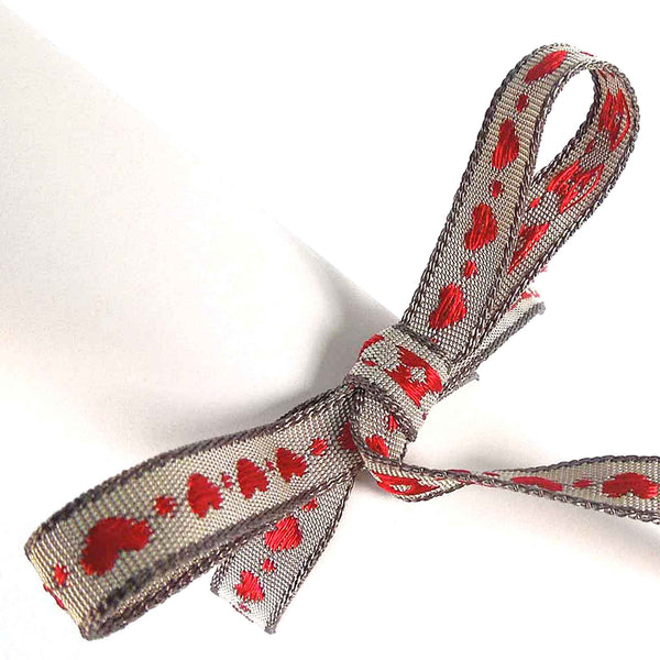 10mm Little Hearts Woven Ribbon - Grey with Red Hearts - Berisfords