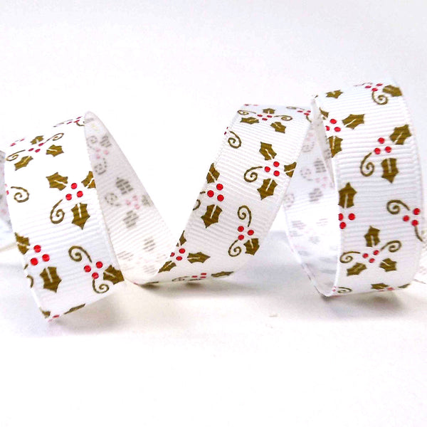17mm Gold Holly on White Christmas Ribbon