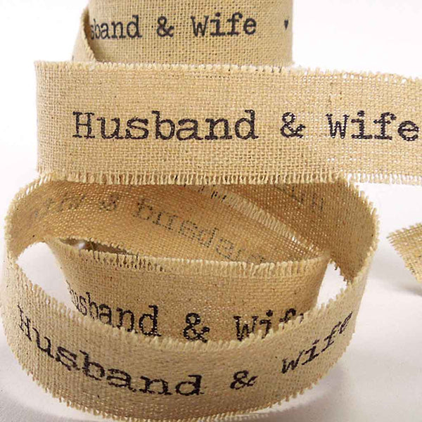 22mm Husband & Wife Wedding Ribbon - Frayed Edge Linen and Cotton - Wooden Spool - 3 Metres