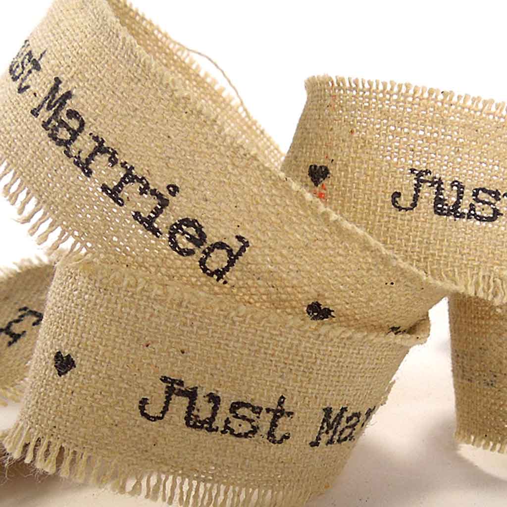 22mm Just Married Linen Wedding Ribbon - Frayed Edge Linen and Cotton
