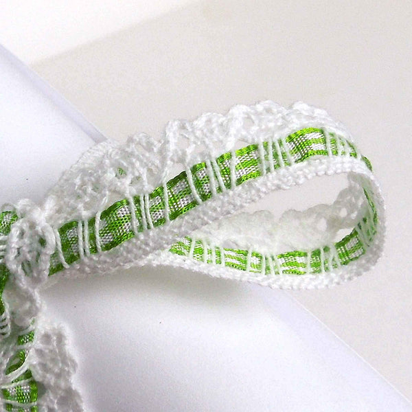 White Cotton Lace with Gingham Ribbon Insert - Fresh Green - 15mm