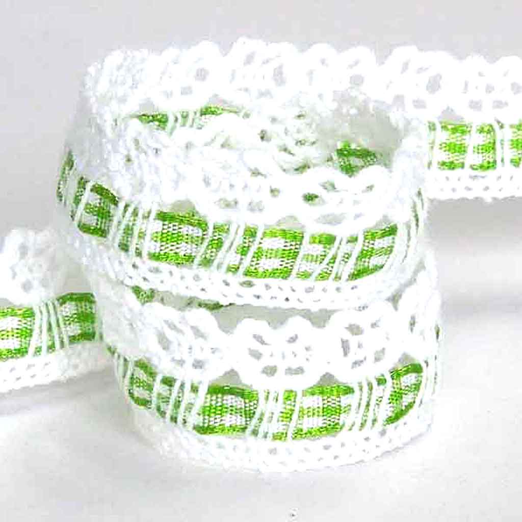 White Cotton Lace with Gingham Ribbon Insert - Fresh Green - 15mm