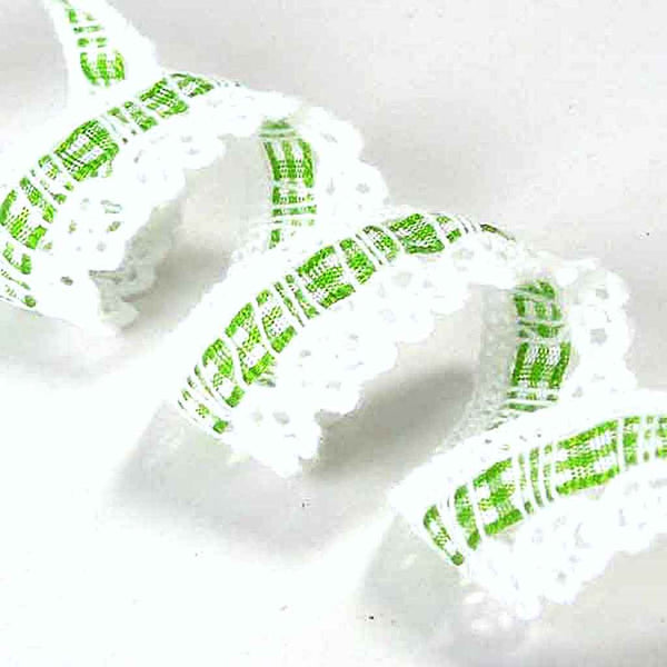 White Cotton Lace with Gingham Ribbon Insert - Fresh Green - 15mm