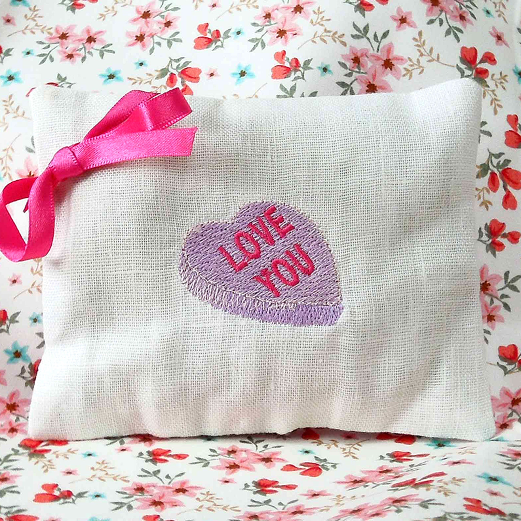 Lavender Love Heart Sachet - Love You - Handmade in White Linen