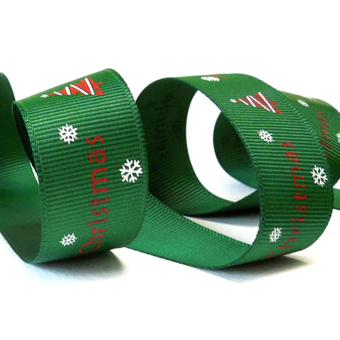 Dark Green Merry Christmas and Trees Ribbon - 10mm - 22mm