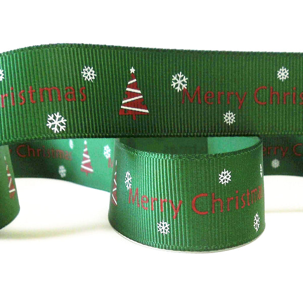 Dark Green Merry Christmas and Trees Ribbon - 10mm - 22mm