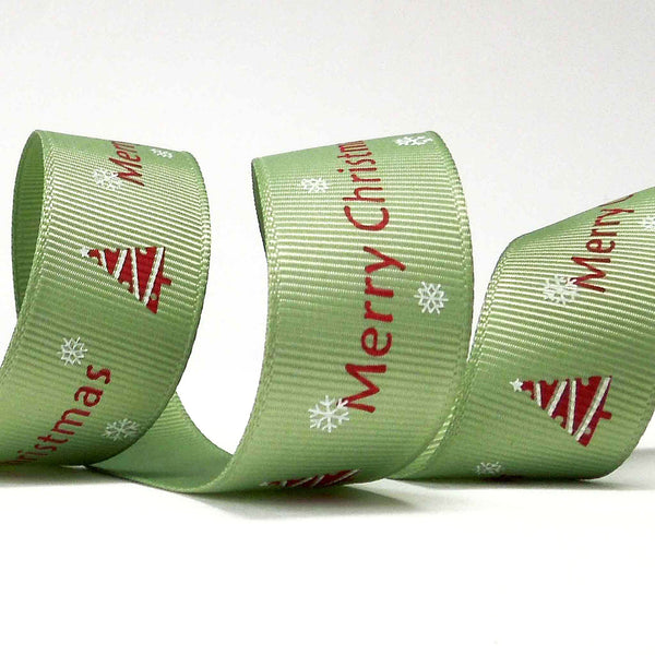 22mm Olive Green Merry Christmas and Trees Ribbon