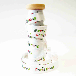 10mm Merry Christmas White Satin Ribbon on Wooden Bobbin - 3 Metres