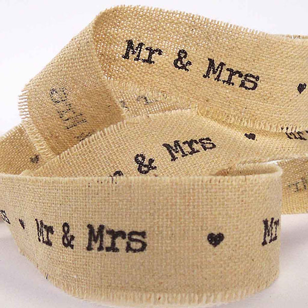 22mm Mr & Mrs Linen Wedding Ribbon - Frayed Edge Linen and Cotton