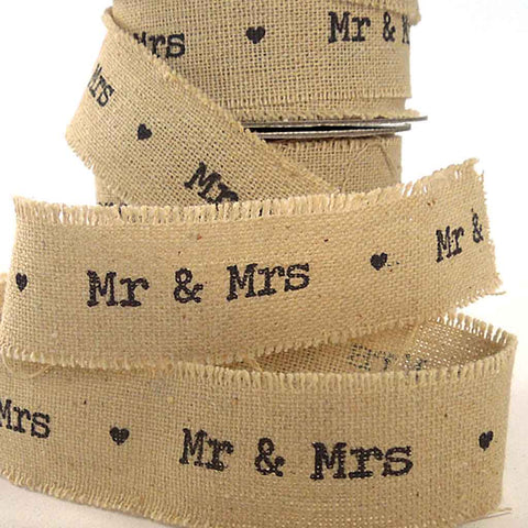 22mm Mr & Mrs Linen Wedding Ribbon - Frayed Edge Linen and Cotton