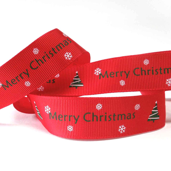 22mm Red Merry Christmas and Trees Ribbon