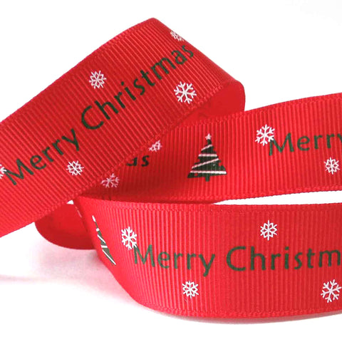 22mm Red Merry Christmas and Trees Ribbon