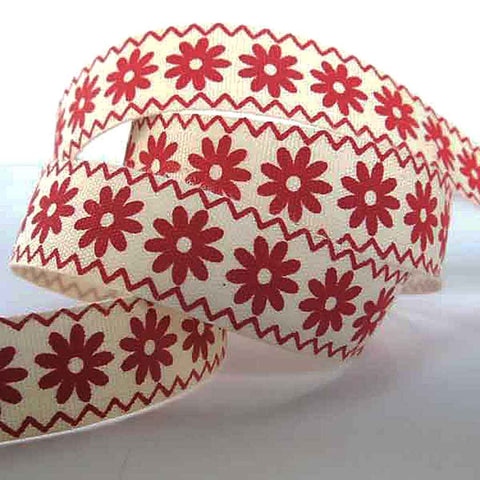 15mm Zigzag Flowers Red Cotton Ribbon