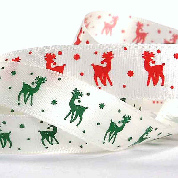 15 mm Christmas Green Reindeer Satin Ribbon