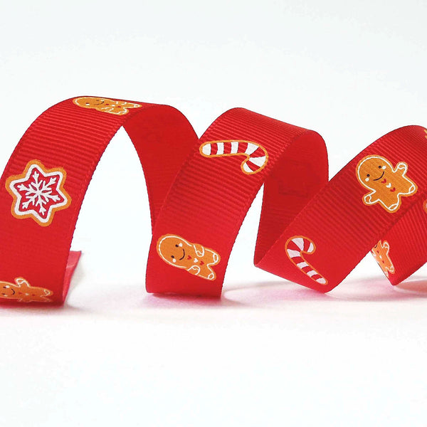 17mm Red Gingerbread Men and Candy Cane Christmas Ribbon