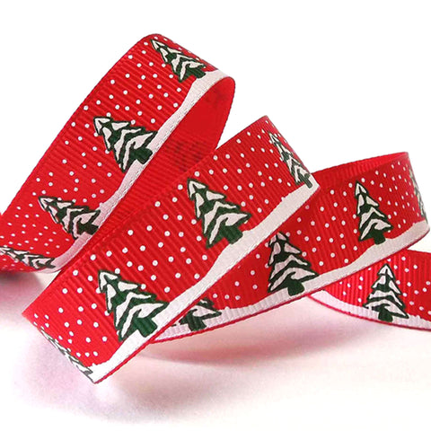 15mm Red Christmas Tree and Snow Grosgrain Ribbon