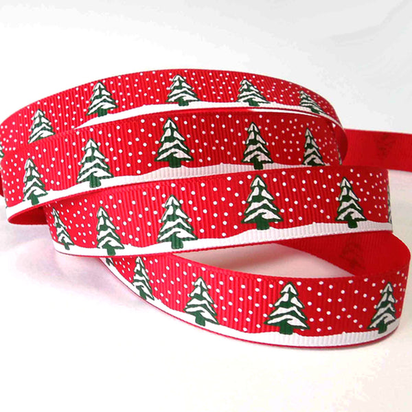 15mm Red Christmas Tree and Snow Grosgrain Ribbon