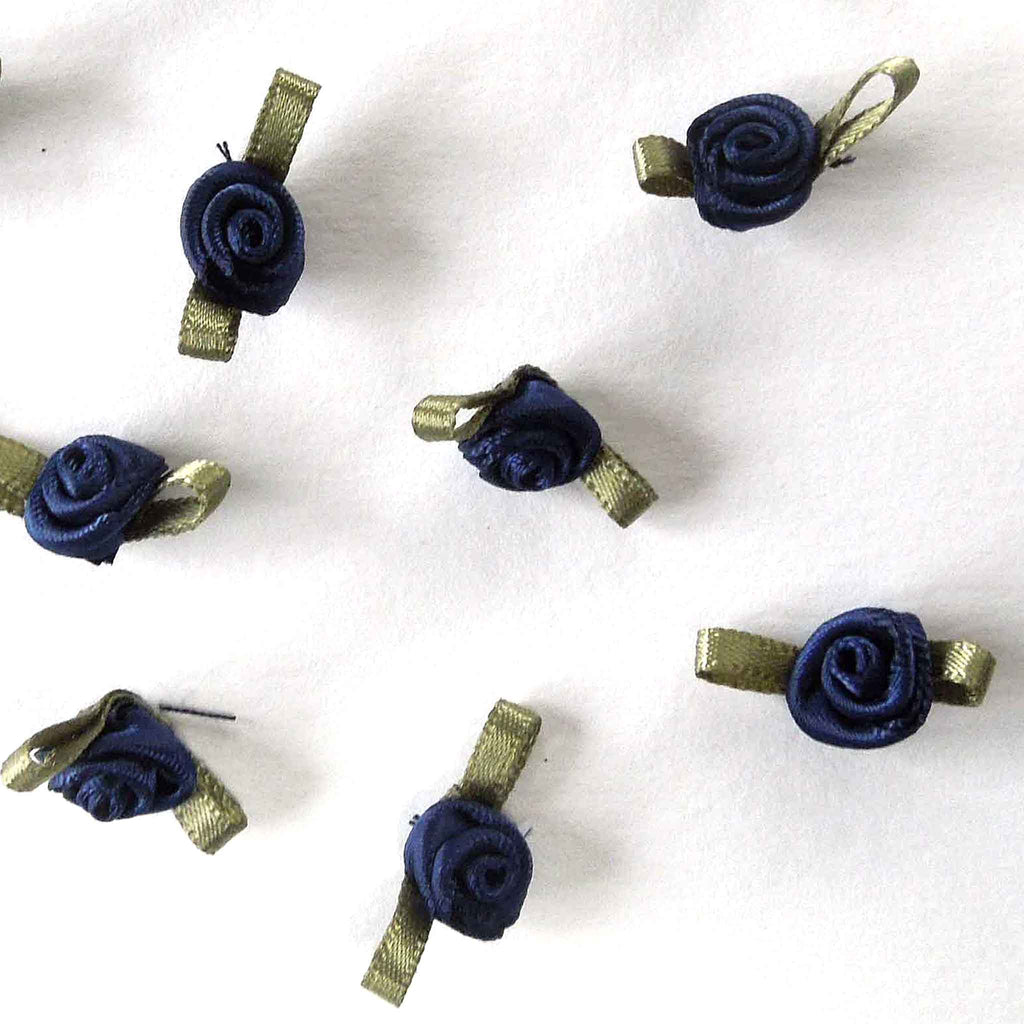 Blue Ribbion Roses 20mm Ribbon Roses - Navy Blue with Green Leaves - Small - Pack of 15 ...